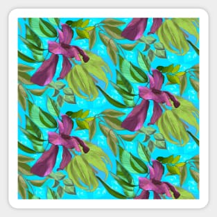 Blooming tropical flowers and leaves pattern floral illustration, aqua blue tropical pattern over a Sticker